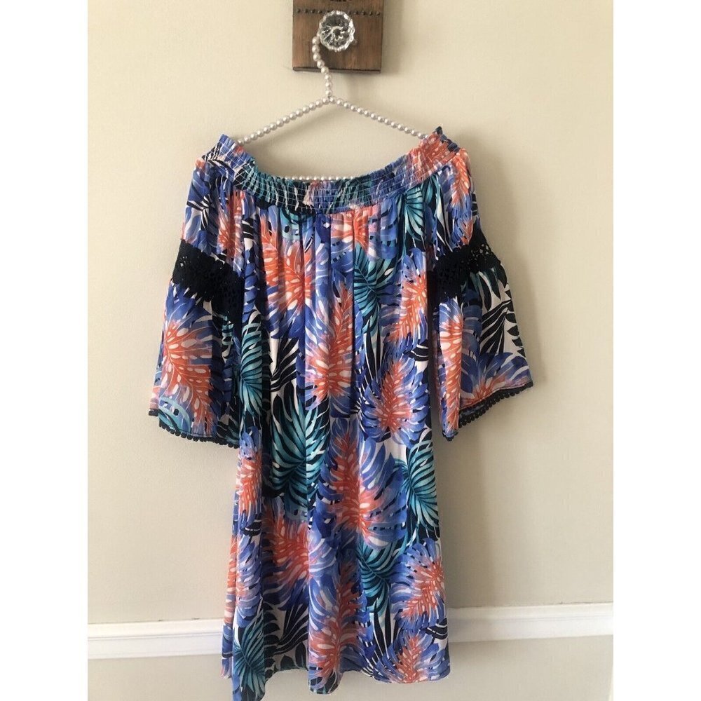 Jennifer Lopez Womens Size Small Paradise Palms Off Shoulder Dress Crochet Trim — image 4 of 7